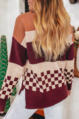 Brown Checkered Color Block Knitted Drop Shoulder Sweater Sweaters JT's Designer Fashion