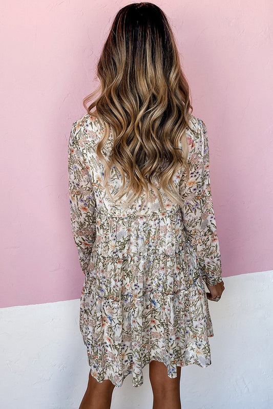Green Floral Print Tiered Frilled Shirred Mock Neck Mini Dress Floral Dresses JT's Designer Fashion