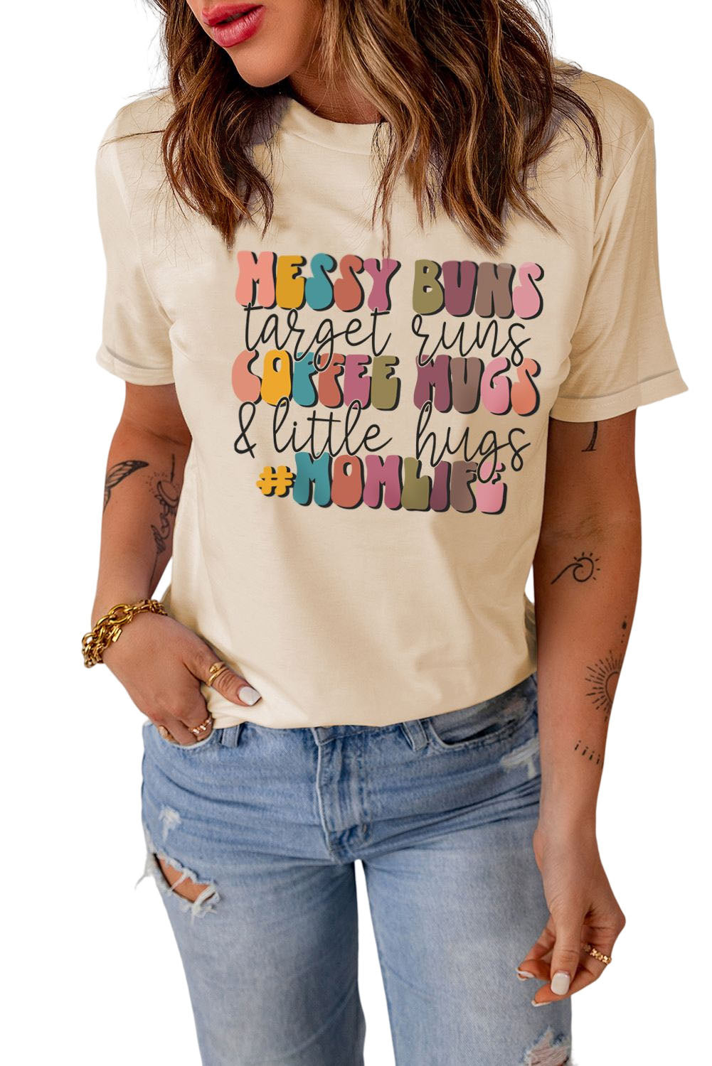 Khaki MOMLIFE Slogan Graphic Crew Neck T Shirt Graphic Tees JT's Designer Fashion