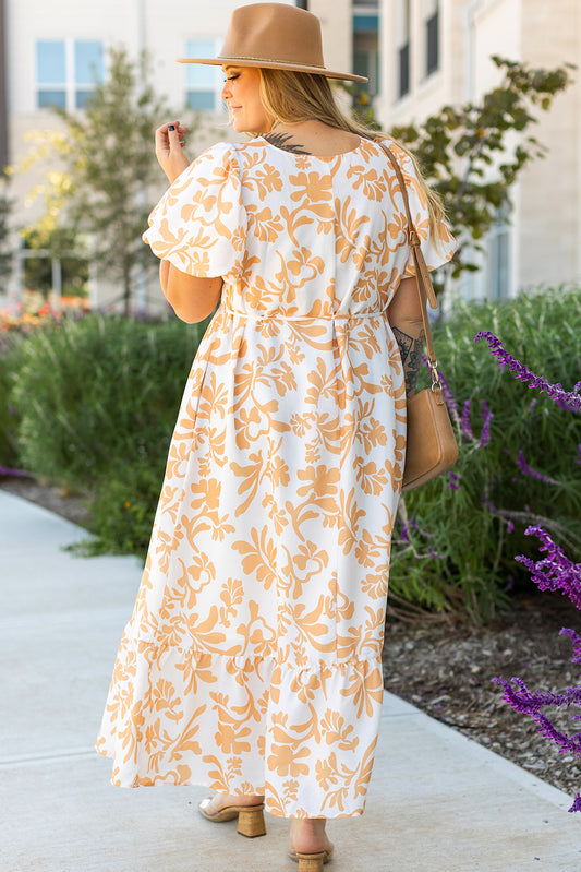 Apricot Floral Print Puff Short Sleeve Resort Plus Size Maxi Dress Plus Size Maxi Dresses JT's Designer Fashion