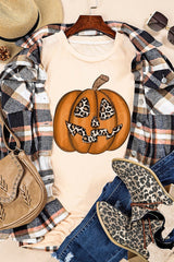 Khaki Halloween Leopard Pumpkin Print T Shirt Graphic Tees JT's Designer Fashion