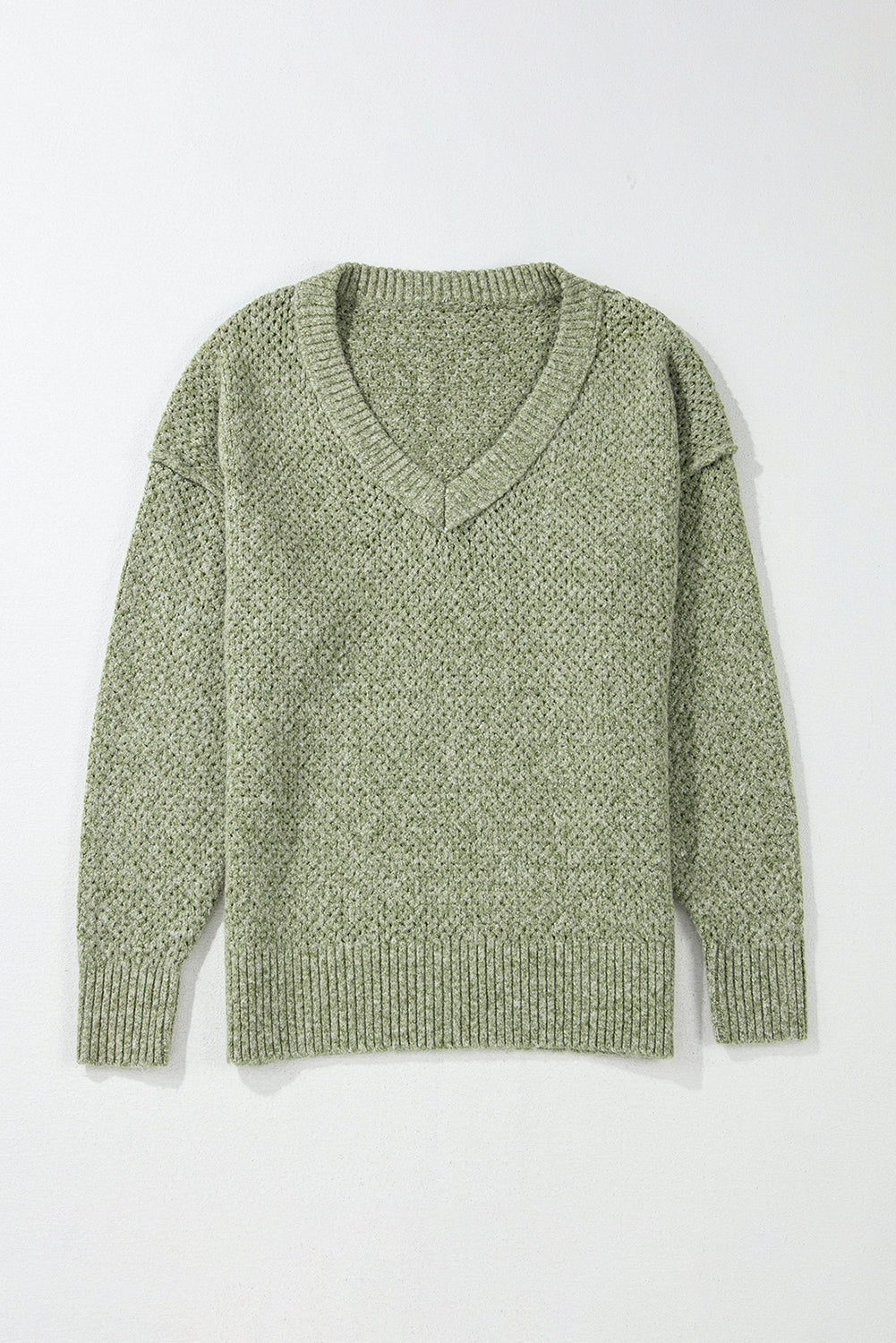 Jungle Green Loose Eyelet V Neck Drop Shoulder Sweater Sweaters JT's Designer Fashion