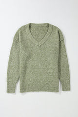 Jungle Green Loose Eyelet V Neck Drop Shoulder Sweater Sweaters JT's Designer Fashion