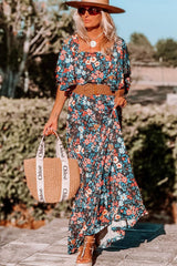 Sky Blue Floral Knotted Back Square Neck Maxi Dress Floral Dresses JT's Designer Fashion