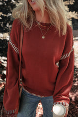 Red Dahlia Color Contrast Trim Drop Shoulder Crew Neck Sweater Sweaters JT's Designer Fashion