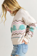 White Striped Christmas Tree Ribbed Trim Drop Shoulder Sweater Sweaters JT's Designer Fashion