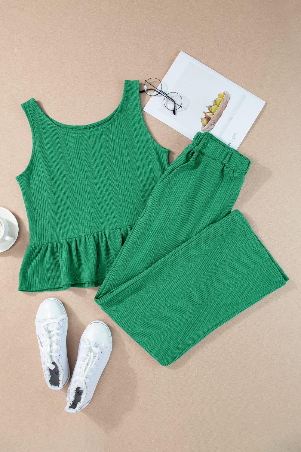 Green Solid Color Ribbed Ruffle Tank Top and Pants Set Pant Sets JT's Designer Fashion
