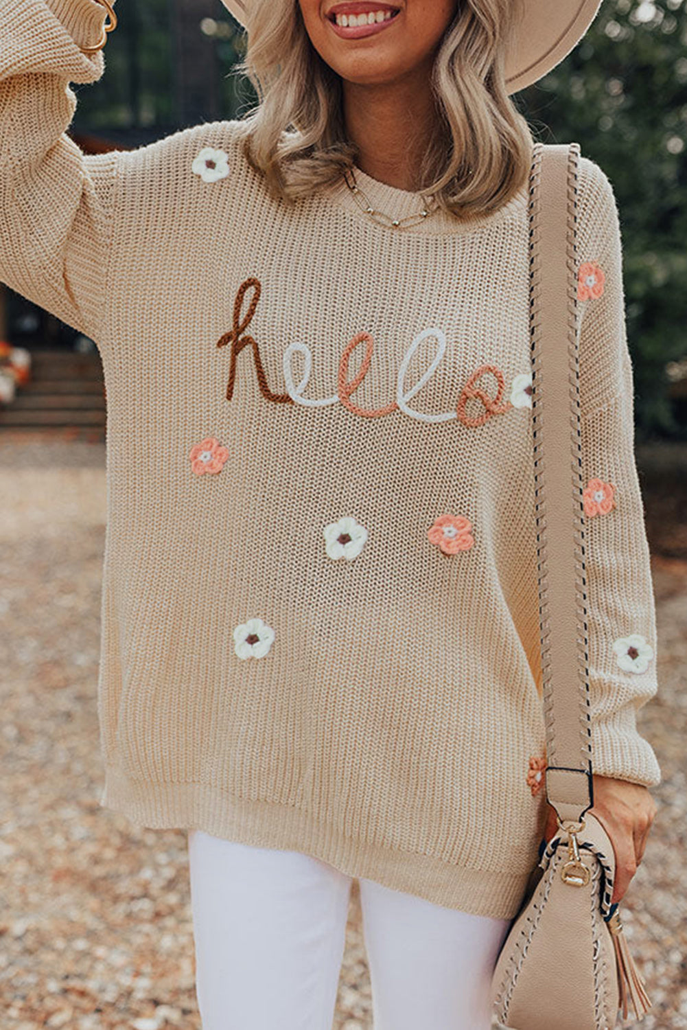 Parchment Hello Floral Embroidered Knit Loose Sweater Parchment 55%Acrylic+45%Cotton Sweaters JT's Designer Fashion