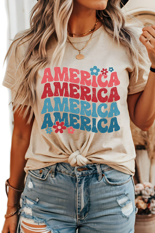Khaki AMERICA Letter Floral Print T Shirt Graphic Tees JT's Designer Fashion