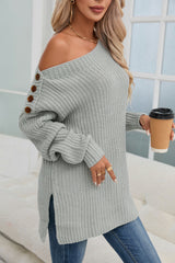 Gray Buttoned Drop Shoulder Oversized Sweater Sweaters & Cardigans JT's Designer Fashion
