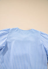 Sky Blue Striped Bowknot Detail Puffy Sleeve Top and Shorts 2Pcs Set Short Sets JT's Designer Fashion