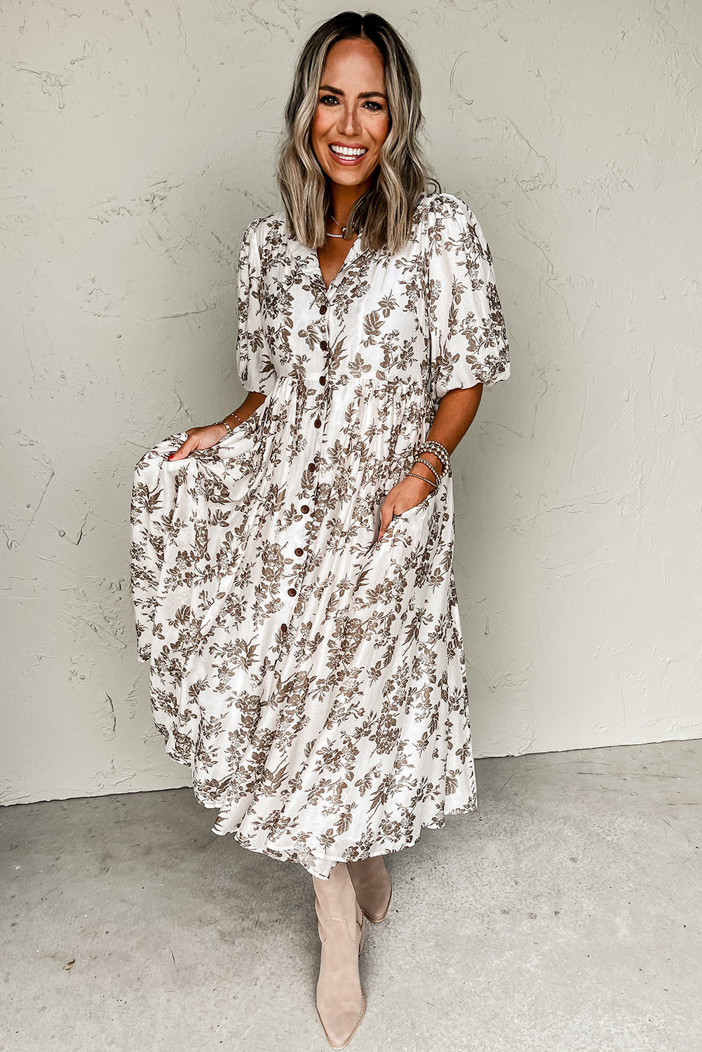 Khaki Floral Puff Sleeve V Neck Buttoned Front Long Dress Maxi Dresses JT's Designer Fashion