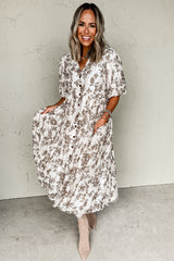 Khaki Floral Puff Sleeve V Neck Buttoned Front Long Dress Maxi Dresses JT's Designer Fashion