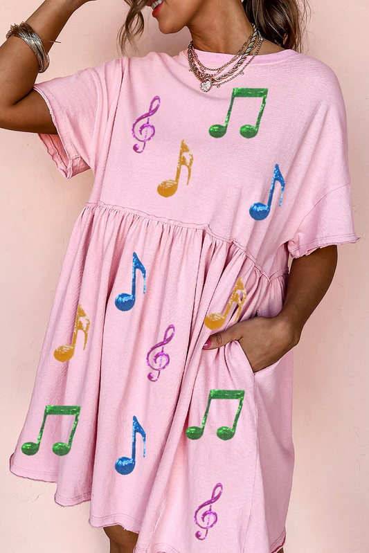 Light Pink Sequined Note Pattern Raw Edge Music Festival Babydoll T-shirt Dress Graphic Dresses JT's Designer Fashion