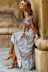 Blue Boho Paisley Print Off Shoulder Maxi Dress Floral Dresses JT's Designer Fashion