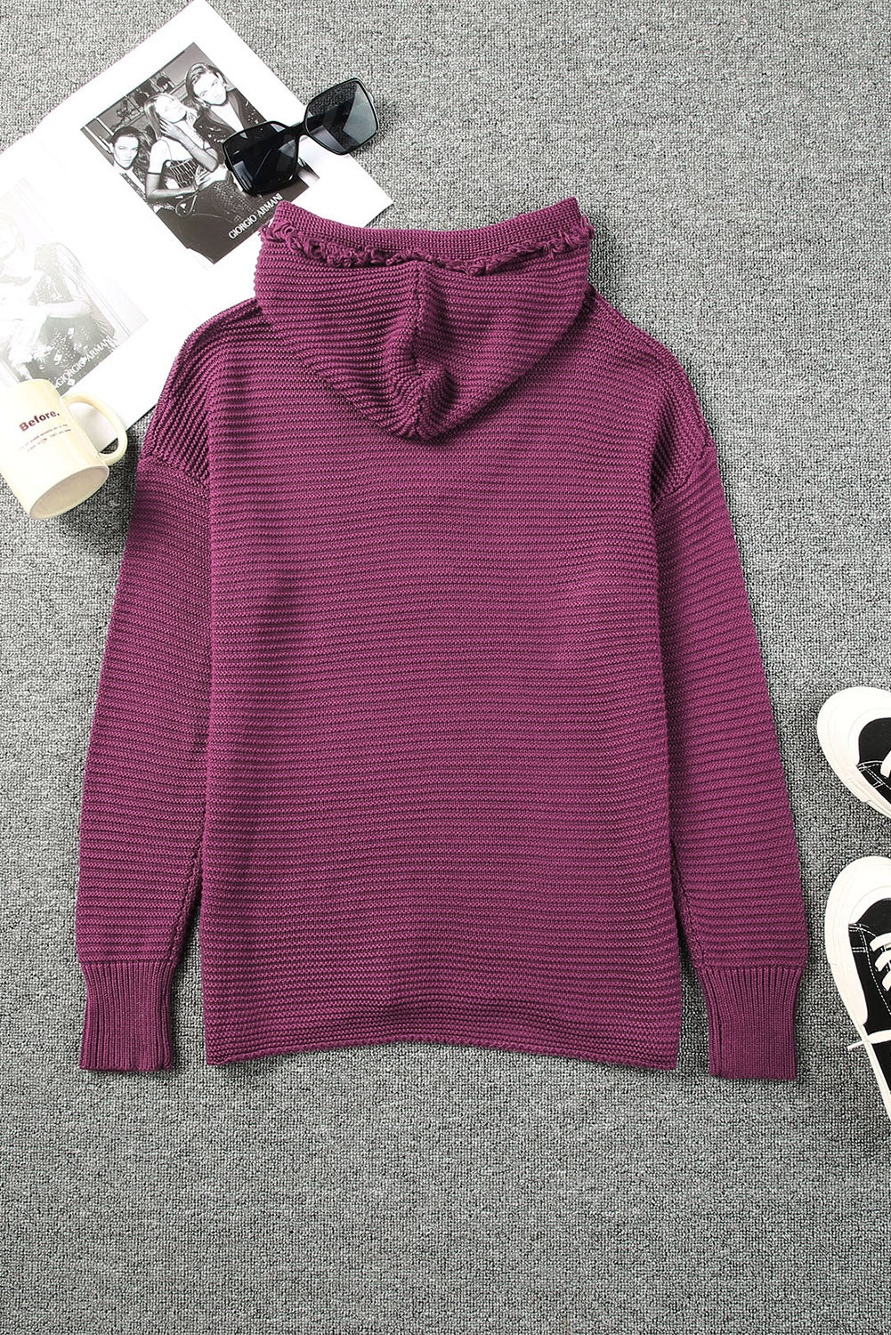 V Neck Ribbed Drop Shoulder Hooded Sweater Sweaters & Cardigans JT's Designer Fashion