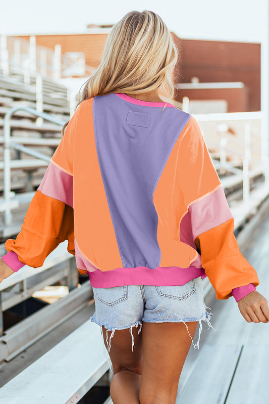 Orchid Petal Colorblock Patchwork Exposed Stitching Oversize Top Long Sleeve Tops JT's Designer Fashion