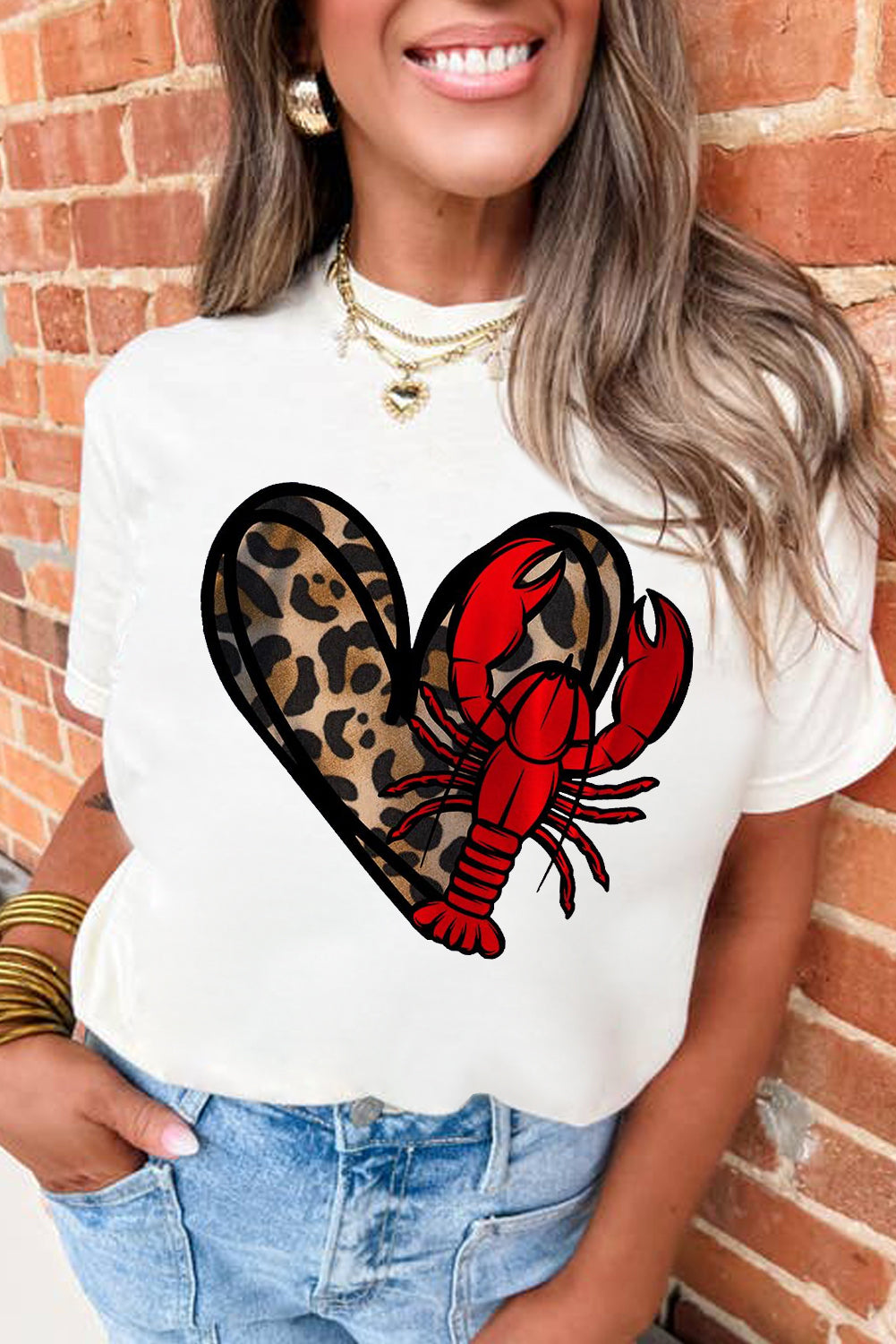 White Crawfish Leopard Heart Print Crewneck Tee Graphic Tees JT's Designer Fashion
