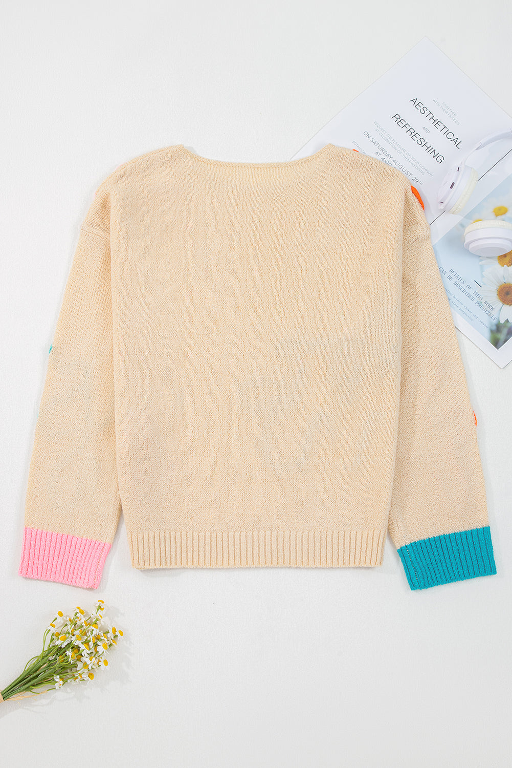 Jet Stream Contrast Flower Detail Colorblock Cuffed Loose Sweater Sweaters JT's Designer Fashion