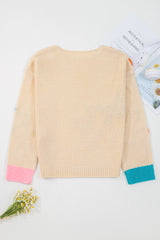 Jet Stream Contrast Flower Detail Colorblock Cuffed Loose Sweater Sweaters JT's Designer Fashion