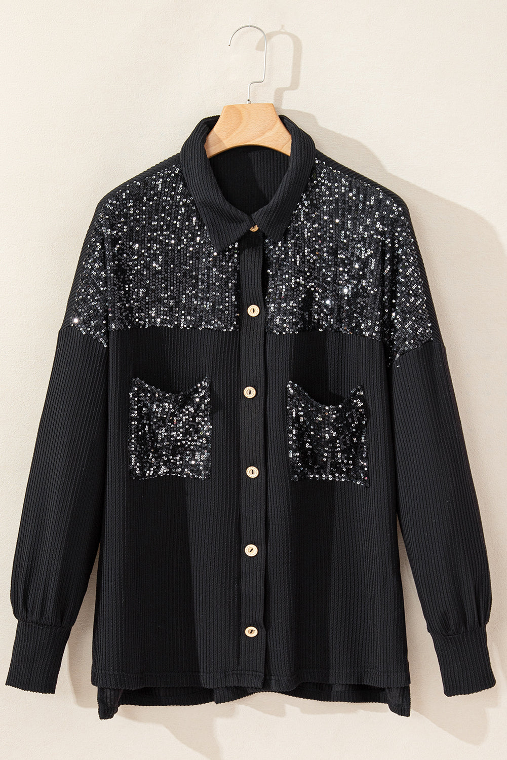 Black Sequin Patch Chest Pocket Corded Shacket Jackets JT's Designer Fashion