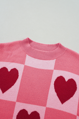 Pink Plus Size Love Heart Block Mock Neck Lantern Sleeve Valentine Sweater Plus Size Sweaters & Cardigans JT's Designer Fashion