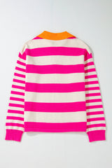 Rose Stripe Color Block Collared V Neck Drop Shoulder Sweater Sweaters JT's Designer Fashion