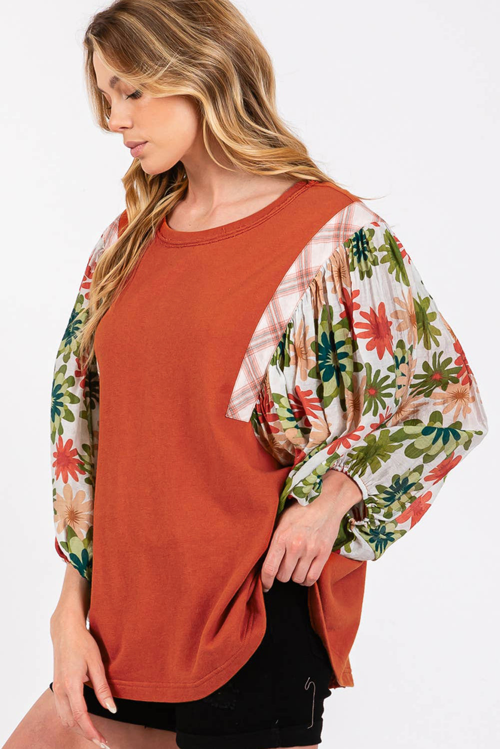 Desert Gold Floral Puff Sleeve Patchwork Round Neck Blouse Blouses & Shirts JT's Designer Fashion