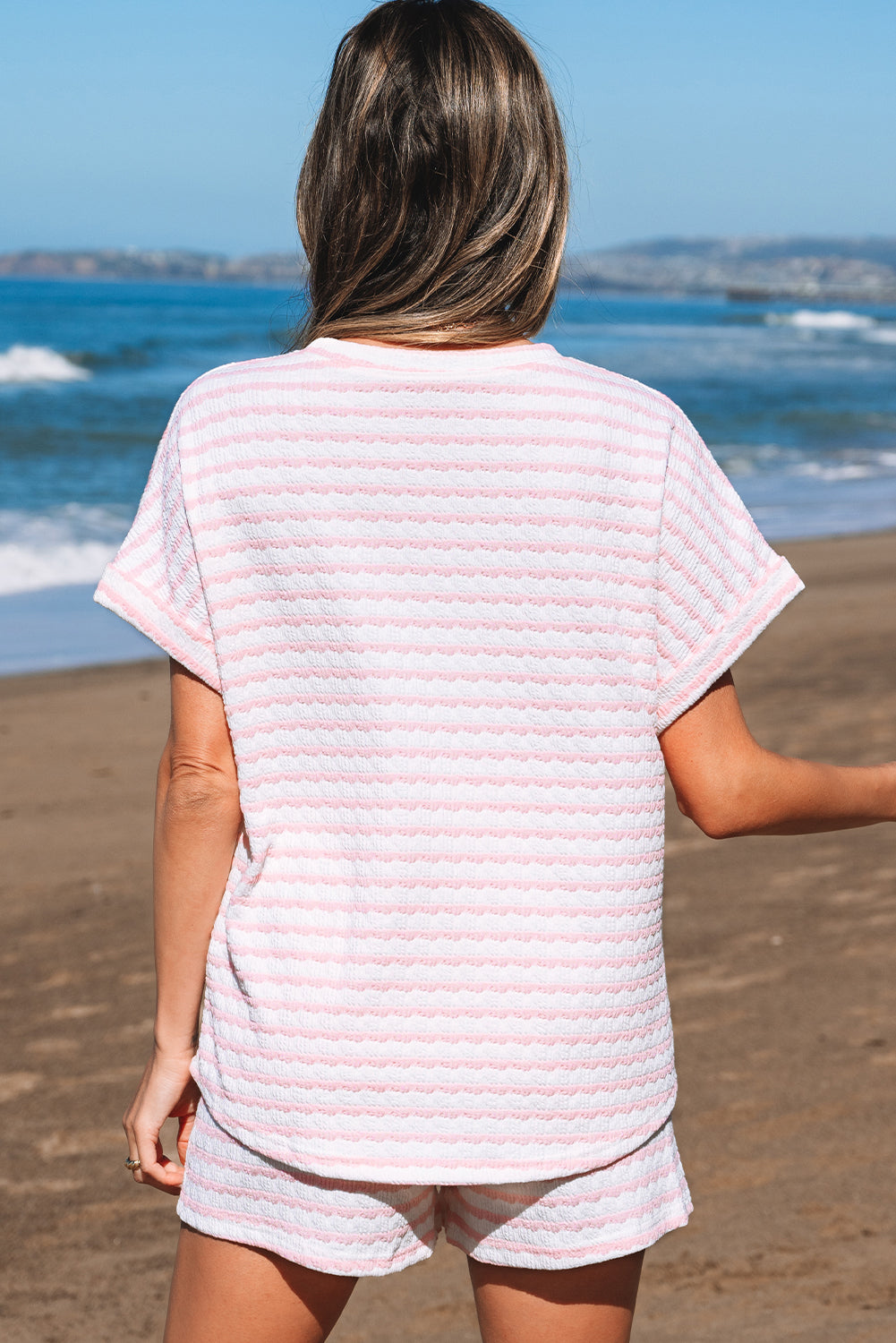 Pink Stripe Knitted Short Sleeve Top and Drawstring Shorts Set Short Sets JT's Designer Fashion