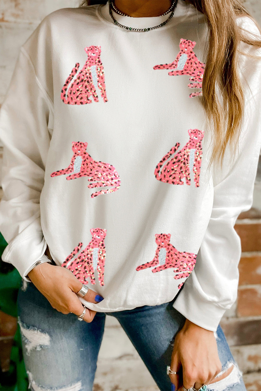 Beige Sequin Cheetah O Neck Drop Shoulder Sweatshirt Beige 50%Polyester+50%Cotton Graphic Sweatshirts JT's Designer Fashion