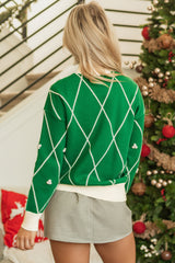 Dark Green Diamond Pattern Pom Accents Contrast Trim High Neck Sweater Sweaters JT's Designer Fashion