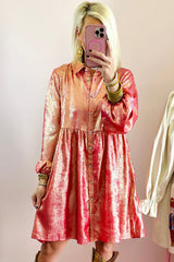 Peach Blossom Metallic Sheen Puff Sleeve Button Up Mini Shirt Dress Mini Dresses JT's Designer Fashion