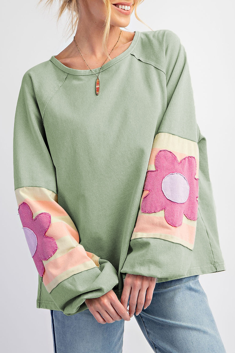 Smoke Green Flower Patchwork Raglan Sleeve Exposed Seam Oversized Top Long Sleeve Tops JT's Designer Fashion