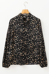 Black Leopard Print Lantern Sleeve Mock Neck Pleated Blouse Blouses & Shirts JT's Designer Fashion
