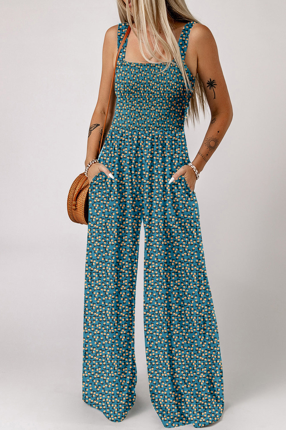 Green Floral Print Smocked High Waist Square Neck Jumpsuit Dresses JT's Designer Fashion