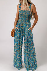 Green Floral Print Smocked High Waist Square Neck Jumpsuit Dresses JT's Designer Fashion