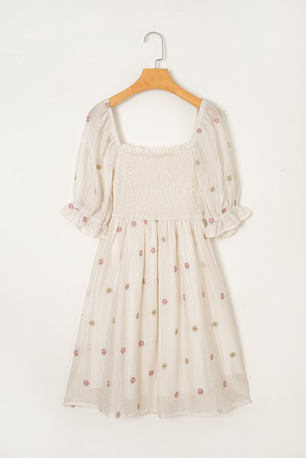 Beige Embroidered Flower Smocked Bust Half Puff Sleeve Empire Waist Textured Flowy Dress Mini Dresses JT's Designer Fashion