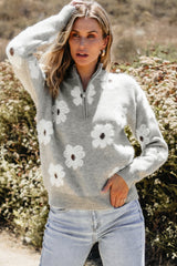Gray Floral Pattern Half Zip Drop Shoulder Sweater Gray 42%Acrylic+30%Polyester+28%Polyamide Sweaters JT's Designer Fashion