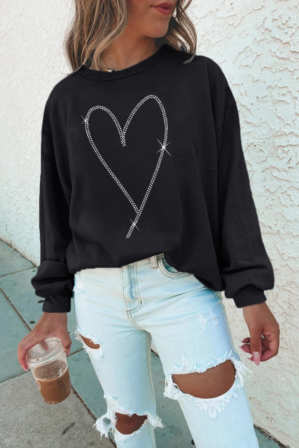Black Rhinestone Heart Pattern Valentines Fashion Sweatshirt Graphic Sweatshirts JT's Designer Fashion