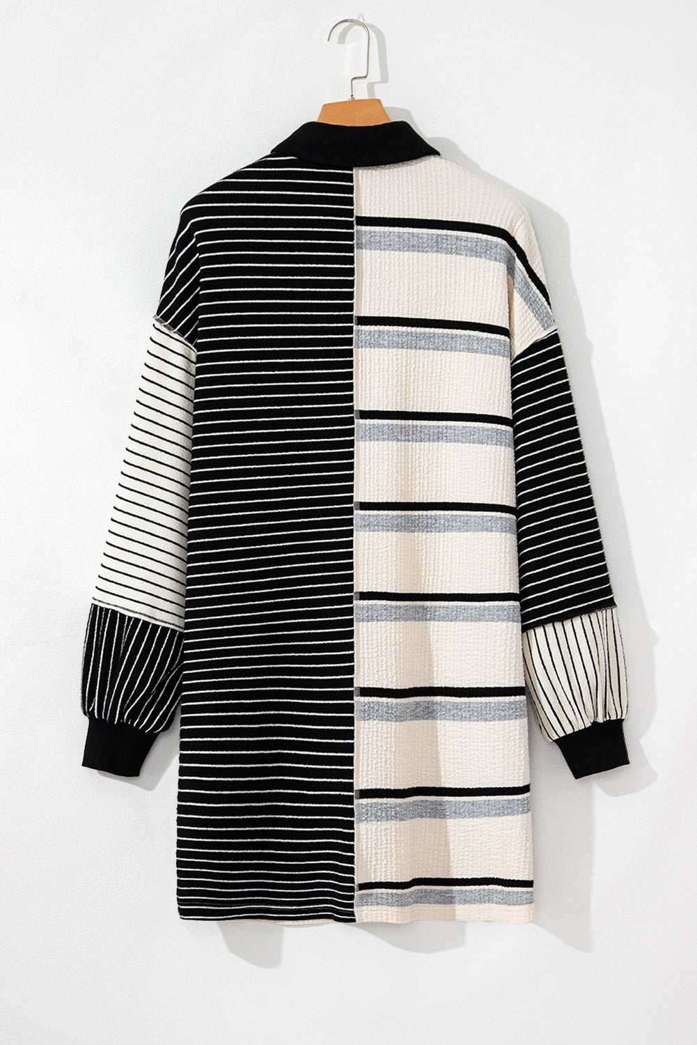 Black Stripe Colorblock Knit Henley Collar Shift Long Sleeve Mini Dress Mini Dresses JT's Designer Fashion