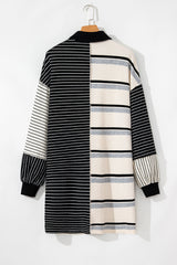 Black Stripe Colorblock Knit Henley Collar Shift Long Sleeve Mini Dress Mini Dresses JT's Designer Fashion