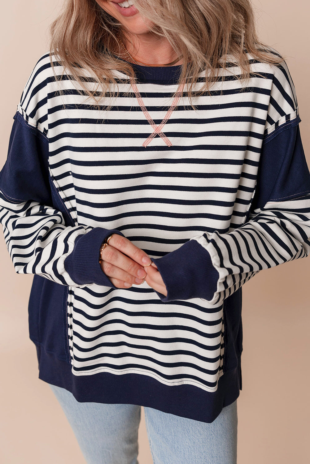 White Stripe Color Block Exposed Seam Loose Fit Sweatshirt Sweatshirts & Hoodies JT's Designer Fashion