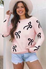 Light Pink Bow Pattern Knitted Loose Fit Sweater Light Pink 52%Viscose+26%Polyester+22%Polyamide Sweaters JT's Designer Fashion