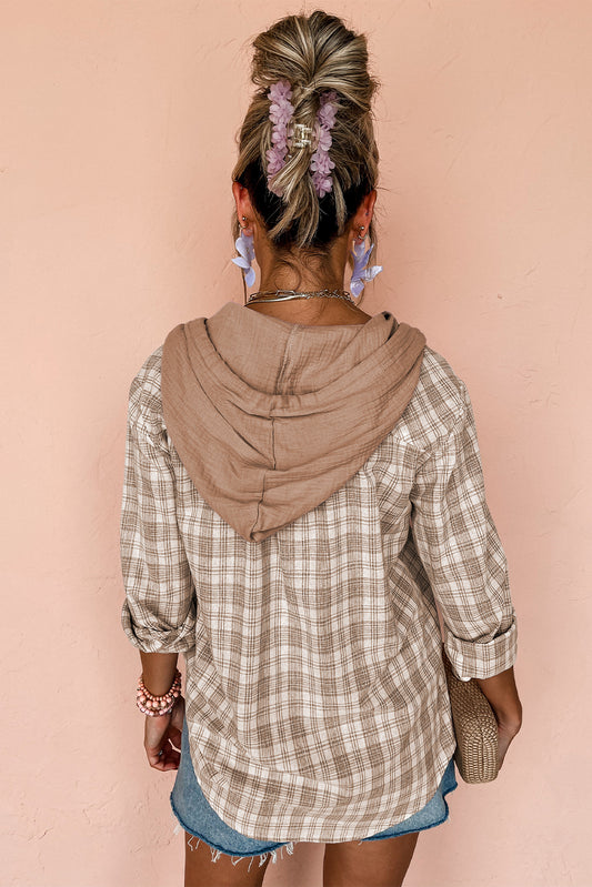 Khaki Checkered Print Loose Fit Buttoned Hooded Shacket Plaid Shackets JT's Designer Fashion