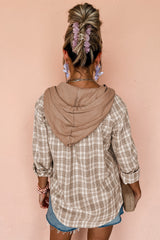 Khaki Checkered Print Loose Fit Buttoned Hooded Shacket Plaid Shackets JT's Designer Fashion