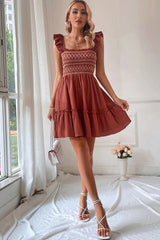 Red Sandalwood Geometric Stitch Shirred Bodice Ruffled Trim Sleeveless Mini Dress Dresses JT's Designer Fashion