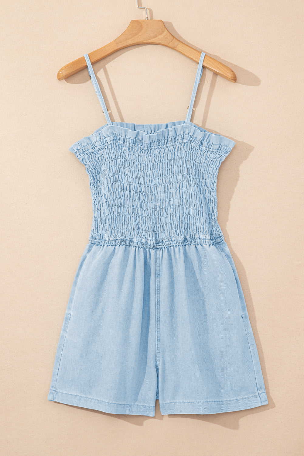 Beau Blue Spaghetti Strap Smocked Denim Romper Jumpsuits & Rompers JT's Designer Fashion