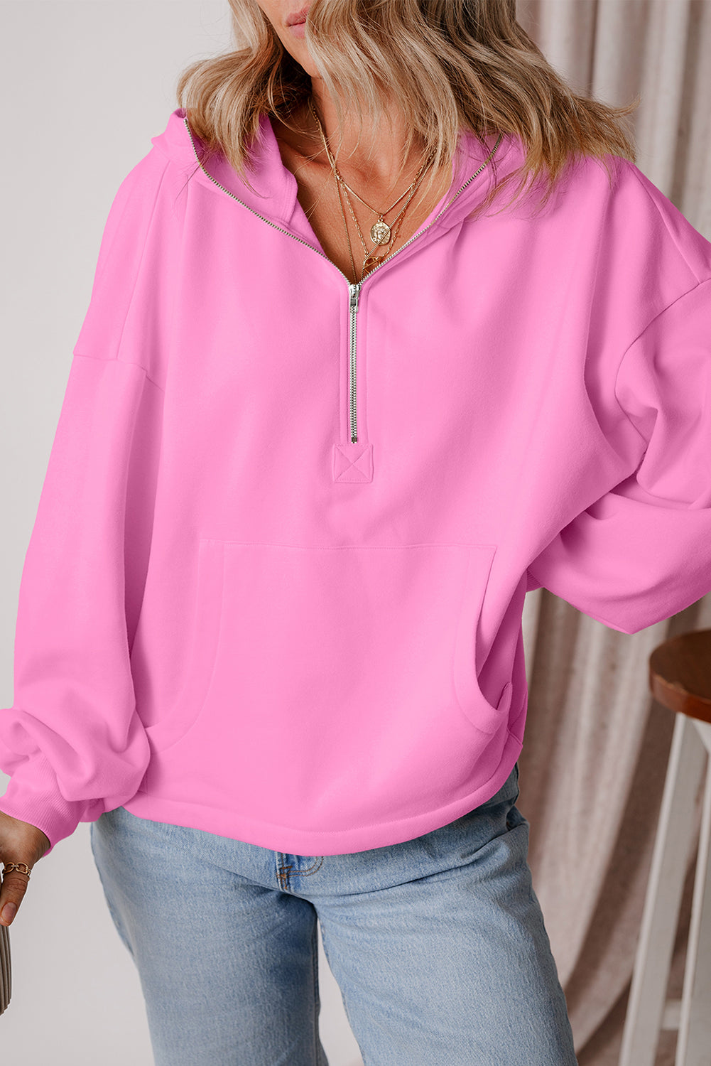 Bonbon Fleece Lined Half Zipper Kangaroo Pockets Loose Hoodie Sweatshirts & Hoodies JT's Designer Fashion
