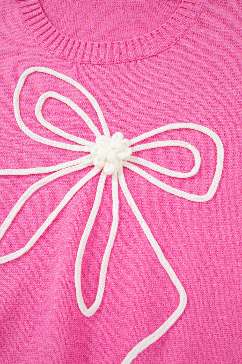 Bright Pink Corded Flower Bow Ribbed Trim Casual Sweater Sweaters JT's Designer Fashion