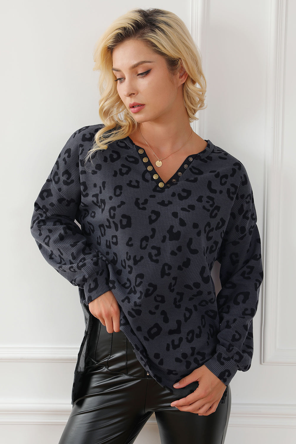 Gray Leopard Print Button Split Neck Waffle Sweatshirt Sweatshirts & Hoodies JT's Designer Fashion